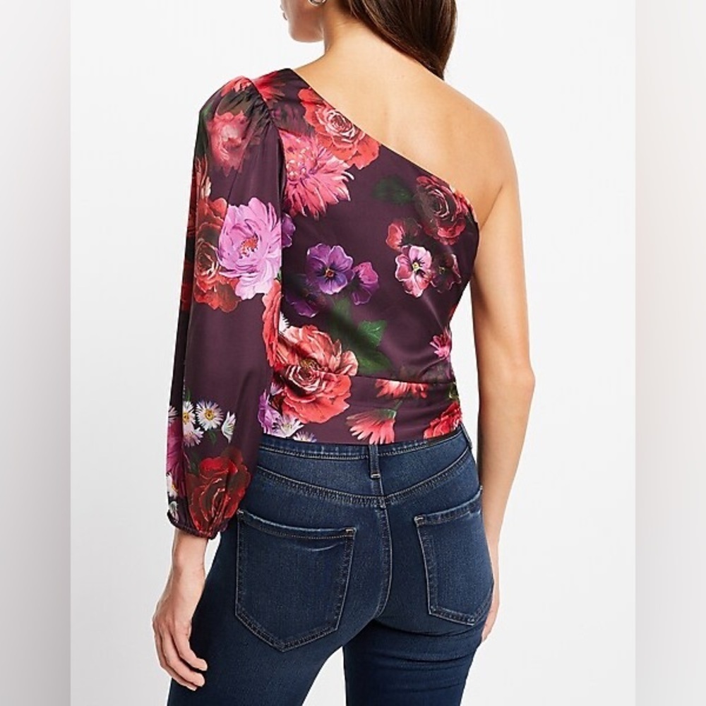 Express Floral One Shoulder Blouse Small Pink Purple Moody Botanical Dramatic - Picture 3 of 12